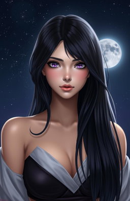 A beautiful young woman of the Night Goddess lineage, with shiny black hair illuminated by moonlight, violet eyes that captivate, wearing a simple yet elegant outfit