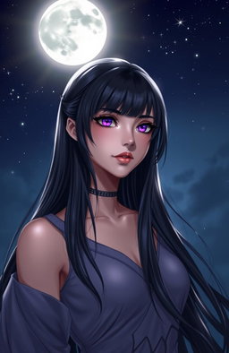 A beautiful young woman of the Night Goddess lineage, with shiny black hair illuminated by moonlight, violet eyes that captivate, wearing a simple yet elegant outfit