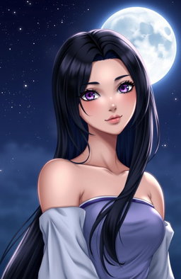 A beautiful young woman of the Night Goddess lineage, with shiny black hair illuminated by moonlight, violet eyes that captivate, wearing a simple yet elegant outfit
