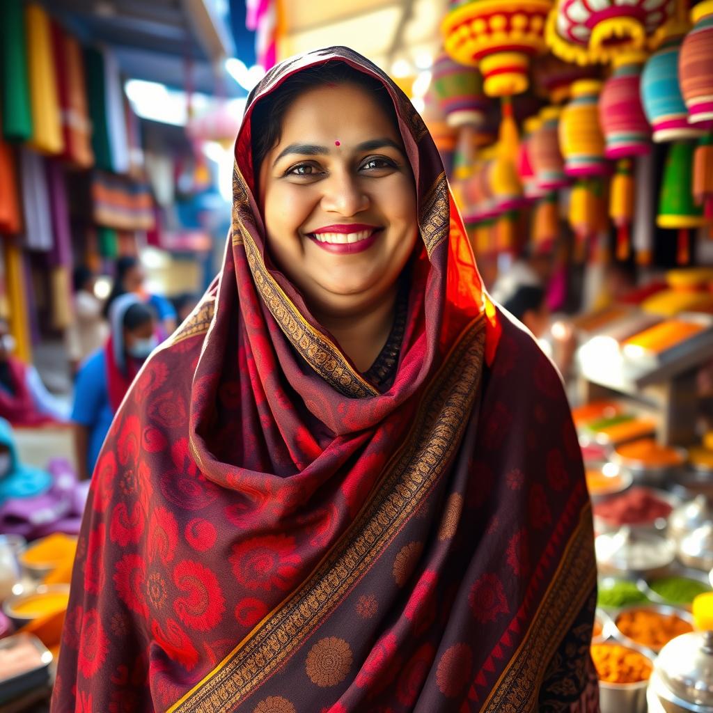 A cheerful Indian woman with a fuller figure, dressed in a beautifully patterned burqa that drapes elegantly over her curves