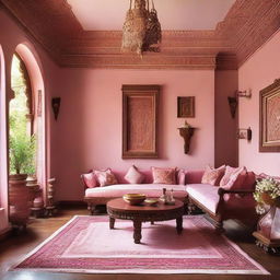 A cosy living room painted in a soft pink shade, adorned with rich, polished wooden furniture featuring traditional Indian carvings and motifs