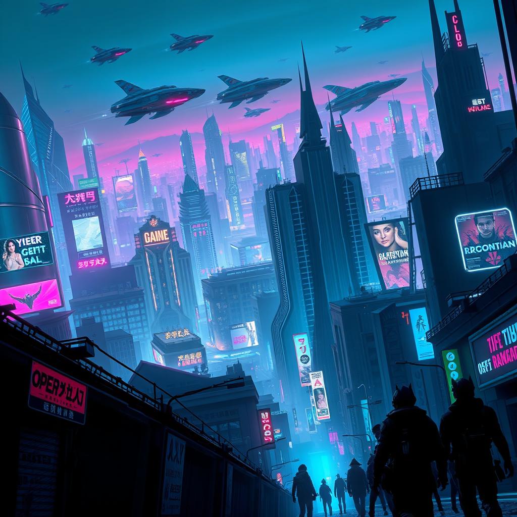 A captivating book cover design featuring a sprawling cyberpunk cityscape at night