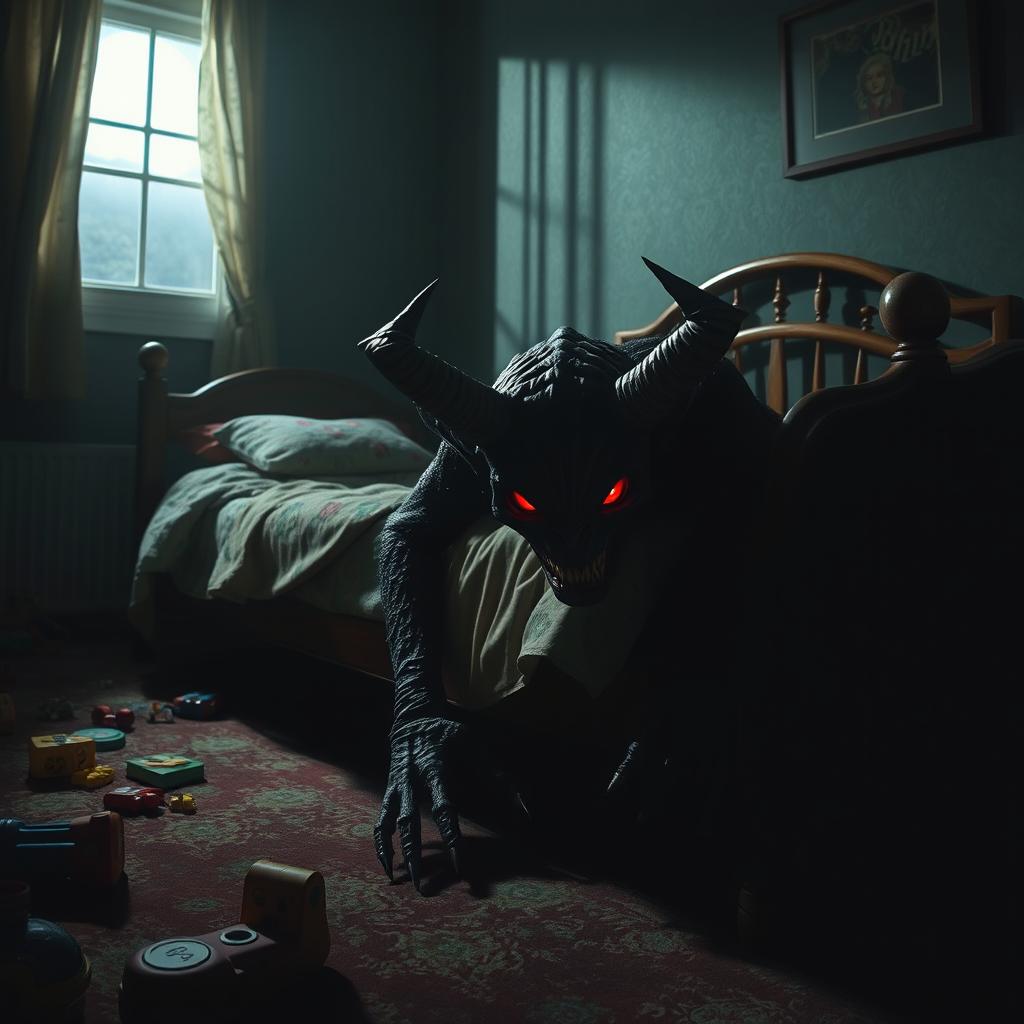 A menacing demon lurking under a child's bed in a dimly lit bedroom, cloaked in shadows, with glowing red eyes staring out menacingly
