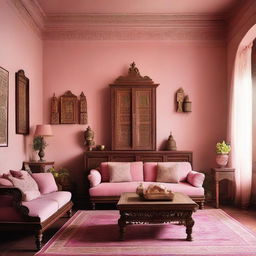 A cosy living room painted in a soft pink shade, adorned with rich, polished wooden furniture featuring traditional Indian carvings and motifs