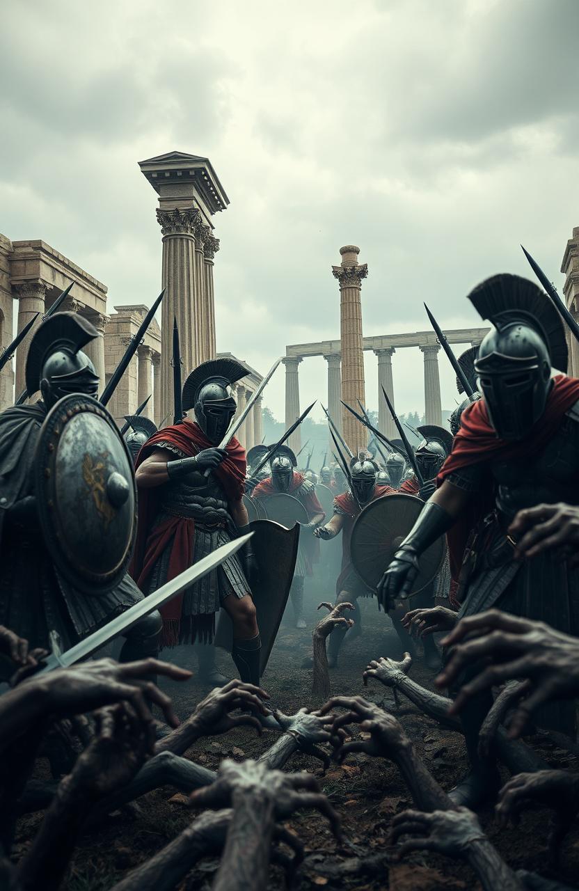 A thrilling scene depicting a futuristic battlefield in ancient Rome during a zombie apocalypse