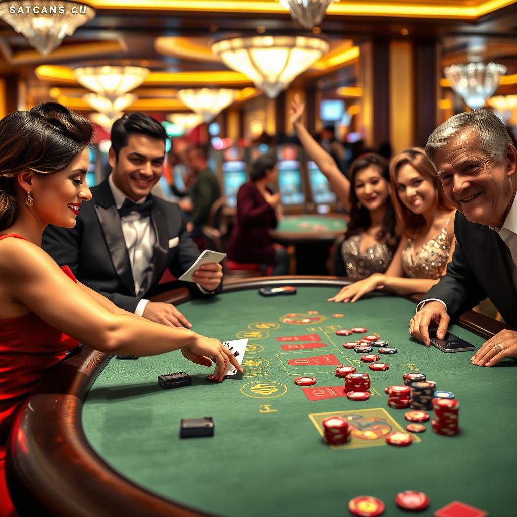 A vibrant scene depicting five people sitting around a luxurious blackjack table in a bustling casino