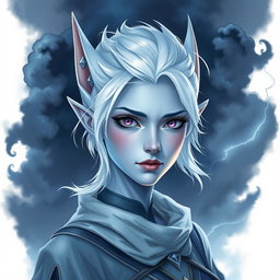 In the stunning style of DnD character art, Maeve captivates as a striking figure characterized by her light blue skin and elegantly pointed elven ears