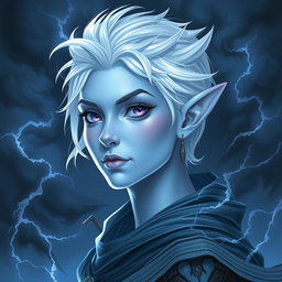 In the stunning style of DnD character art, Maeve captivates as a striking figure characterized by her light blue skin and elegantly pointed elven ears