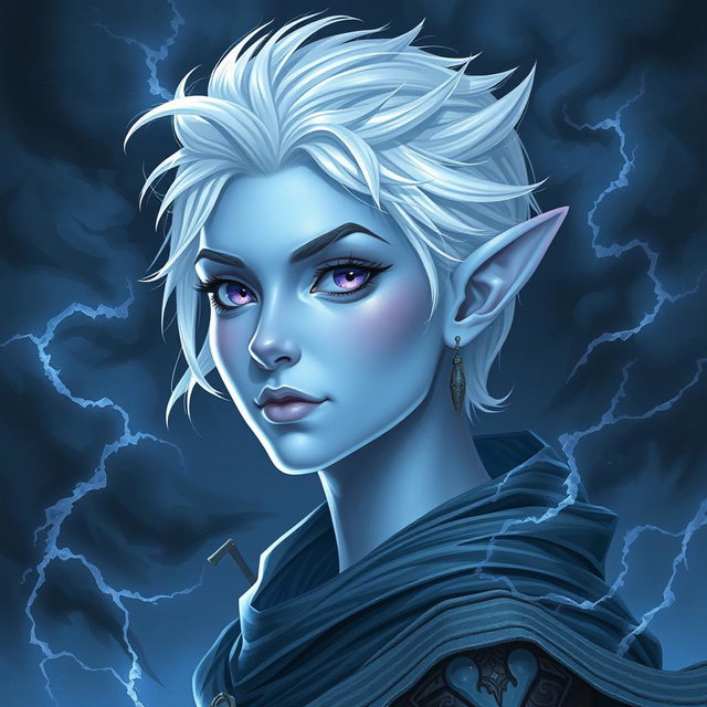 In the stunning style of DnD character art, Maeve captivates as a striking figure characterized by her light blue skin and elegantly pointed elven ears