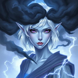 In the stunning style of DnD character art, Maeve captivates as a striking figure characterized by her light blue skin and elegantly pointed elven ears