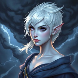 In the stunning style of DnD character art, Maeve captivates as a striking figure characterized by her light blue skin and elegantly pointed elven ears