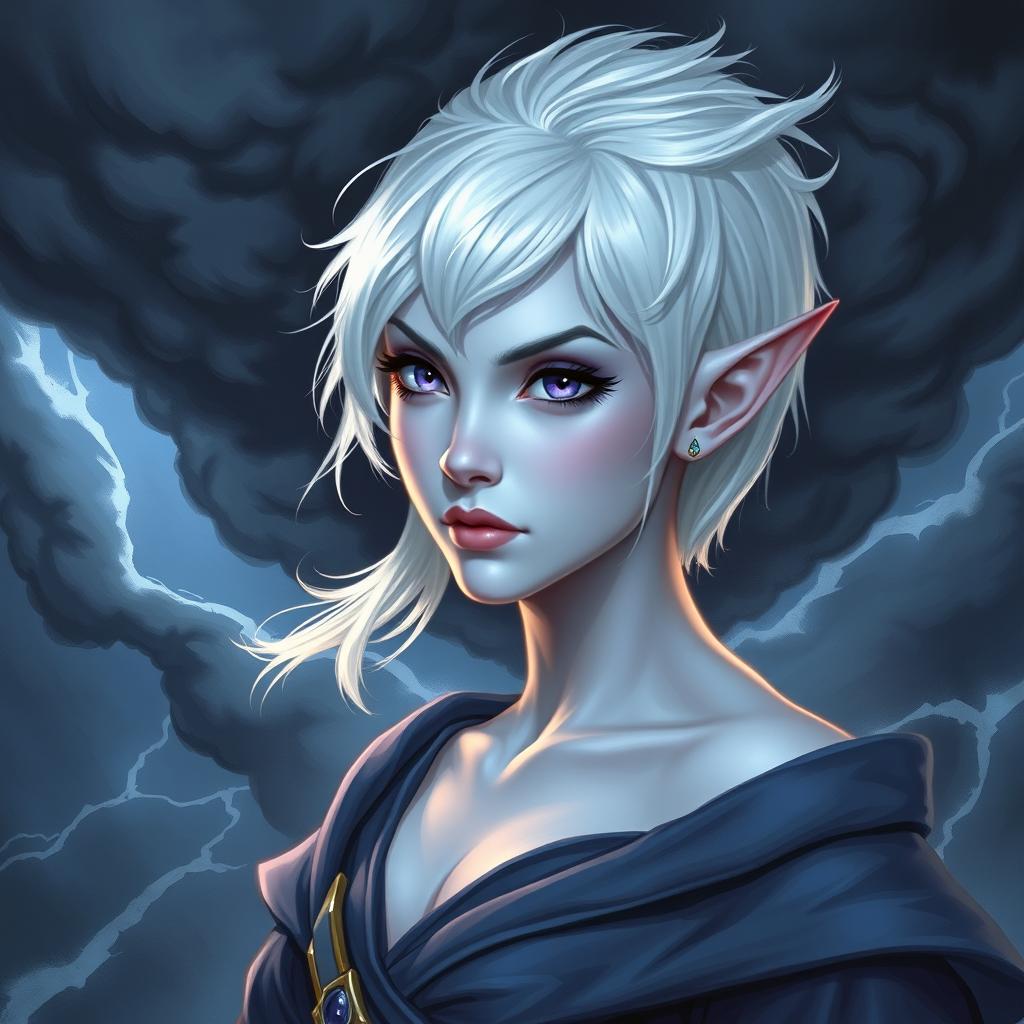 In the stunning style of DnD character art, Maeve captivates as a striking figure characterized by her light blue skin and elegantly pointed elven ears