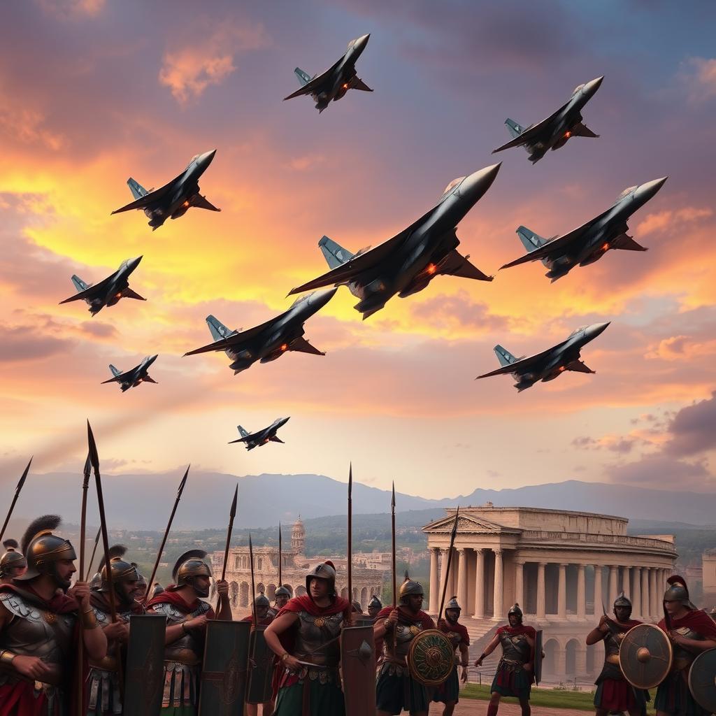 An exhilarating scene capturing a modern aerial dogfight between military jets and ancient Roman warriors in a fantastical crossover setting