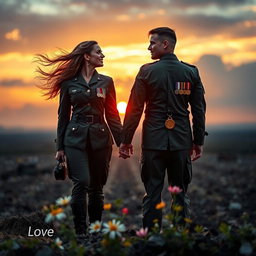 An evocative and powerful scene celebrating love and valor, depicting a strong bond between a man and a woman, both dressed in military uniforms, symbolizing their dedication to defending their country from foreign enemies