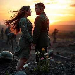 An evocative and powerful scene celebrating love and valor, depicting a strong bond between a man and a woman, both dressed in military uniforms, symbolizing their dedication to defending their country from foreign enemies
