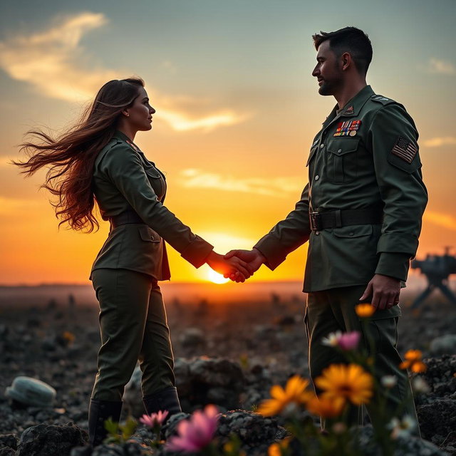An evocative and powerful scene celebrating love and valor, depicting a strong bond between a man and a woman, both dressed in military uniforms, symbolizing their dedication to defending their country from foreign enemies