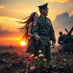 An evocative and powerful scene celebrating love and valor, depicting a strong bond between a man and a woman, both dressed in military uniforms, symbolizing their dedication to defending their country from foreign enemies