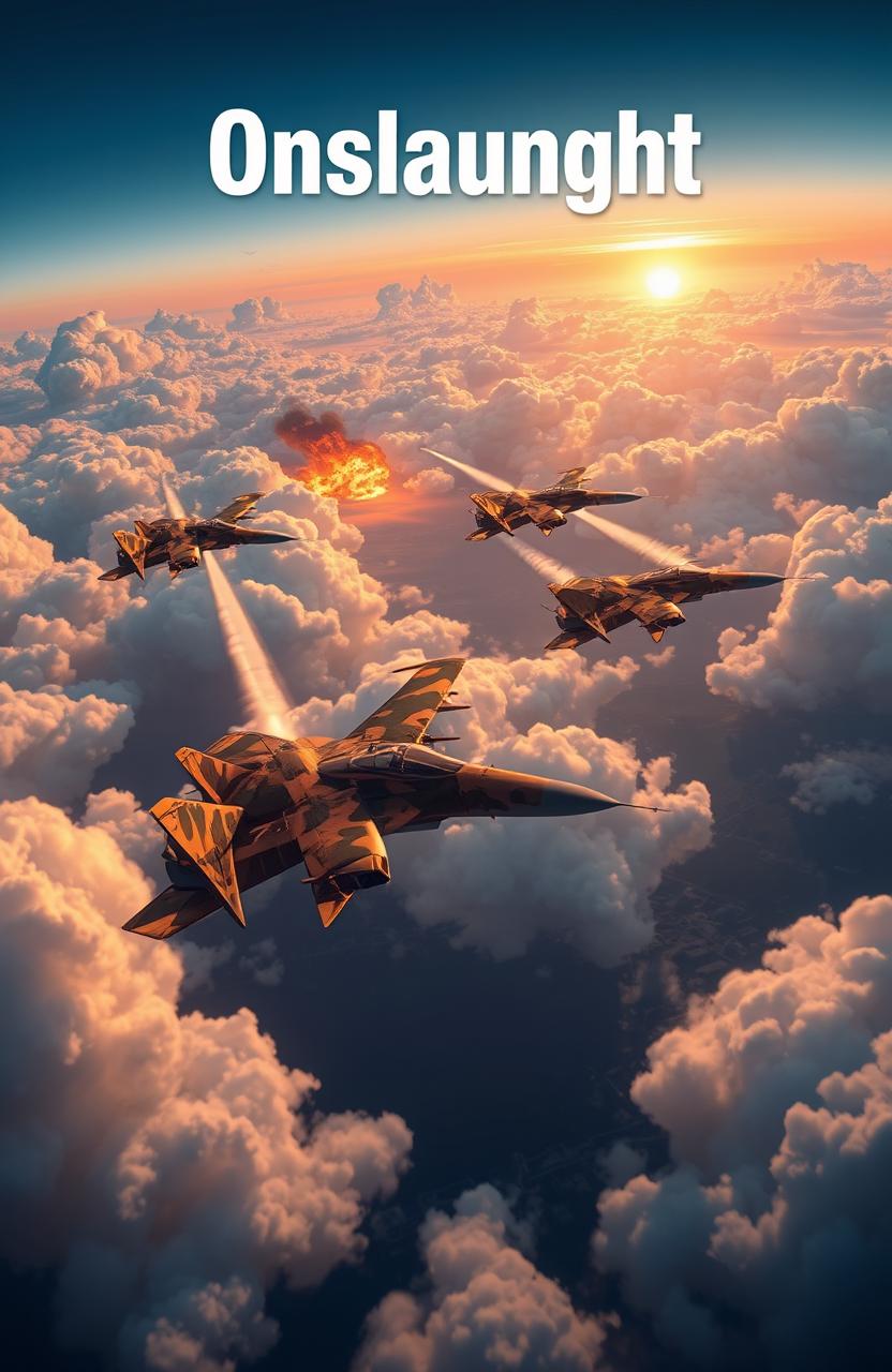 A thrilling scene depicting a fierce aerial dogfight between military jets in a dynamic battlefield sky