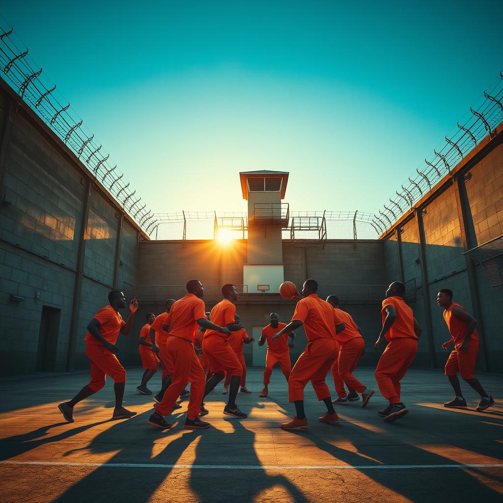 A dramatic scene set in a prison yard, with a high concrete wall and barbed wire above