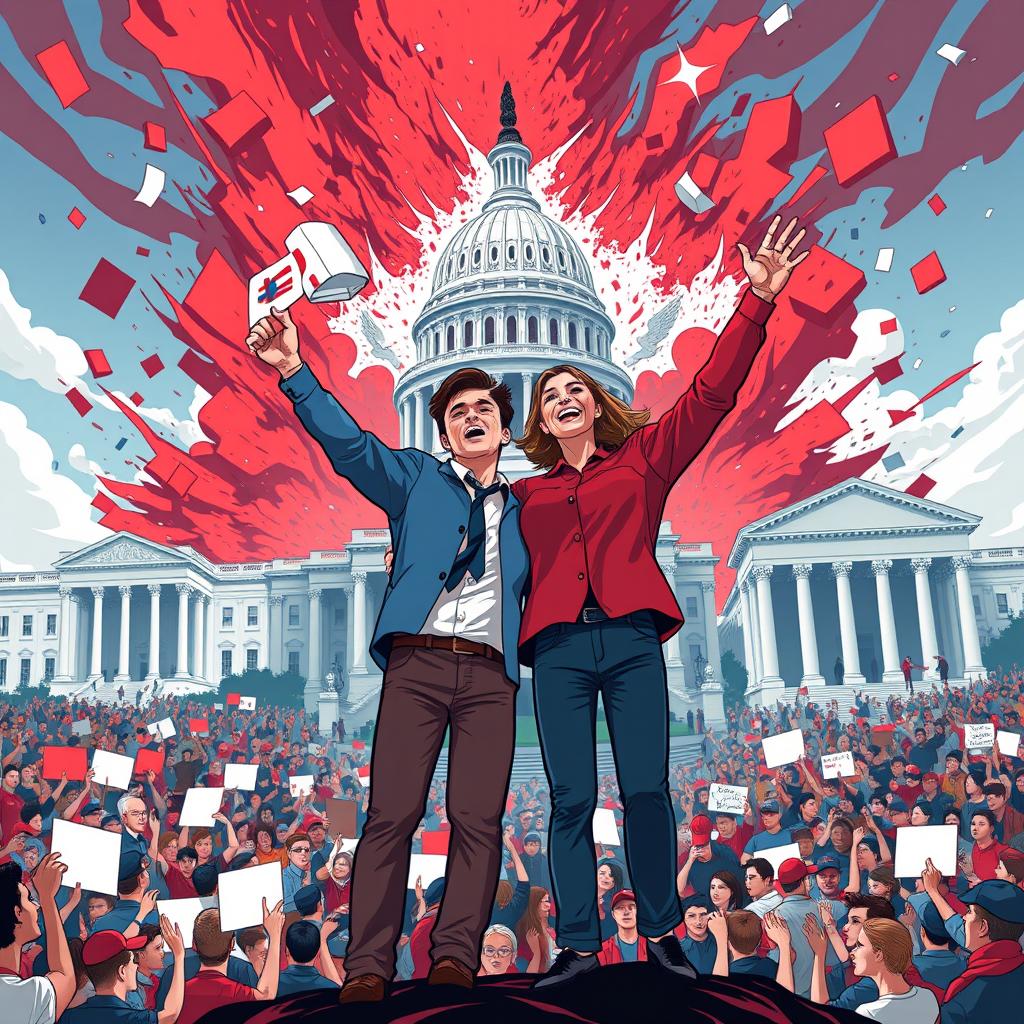 A dramatic illustration showing a couple leading a movement to invade the three branches of government in a stylized, political landscape