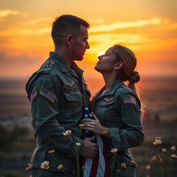 A powerful and emotional scene capturing the profound love between a man and a woman, both dressed in military uniforms, symbolizing their commitment to defending their country against foreign enemies
