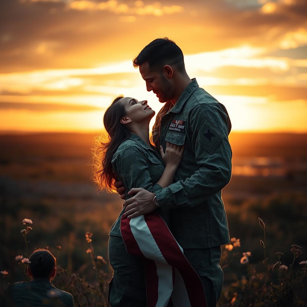 A powerful and emotional scene capturing the profound love between a man and a woman, both dressed in military uniforms, symbolizing their commitment to defending their country against foreign enemies