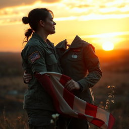 A powerful and emotional scene capturing the profound love between a man and a woman, both dressed in military uniforms, symbolizing their commitment to defending their country against foreign enemies