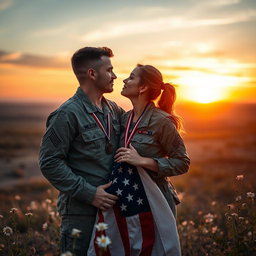 A powerful and emotional scene capturing the profound love between a man and a woman, both dressed in military uniforms, symbolizing their commitment to defending their country against foreign enemies