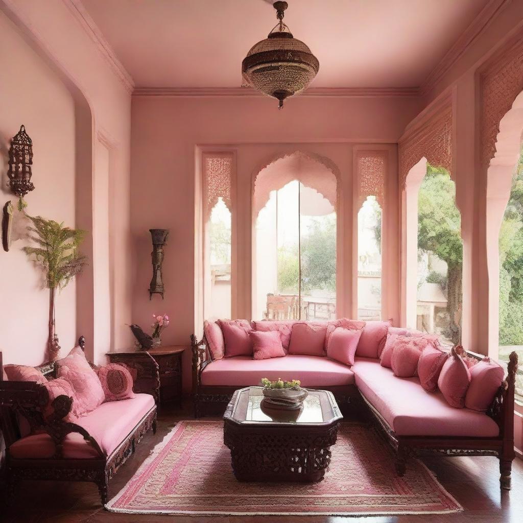 A cosy living room painted in a soft pink shade, furnished with polished wooden furniture including a traditional diwan for seating