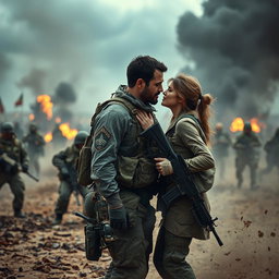 A dramatic and emotional scene depicting a man in military gear encountering a woman, also in combat attire, on a chaotic battlefield amid a fierce war between countries
