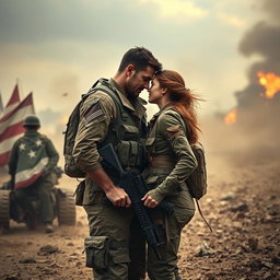 A dramatic and emotional scene depicting a man in military gear encountering a woman, also in combat attire, on a chaotic battlefield amid a fierce war between countries