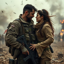 A dramatic and emotional scene depicting a man in military gear encountering a woman, also in combat attire, on a chaotic battlefield amid a fierce war between countries