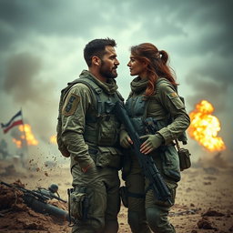 A dramatic and emotional scene depicting a man in military gear encountering a woman, also in combat attire, on a chaotic battlefield amid a fierce war between countries