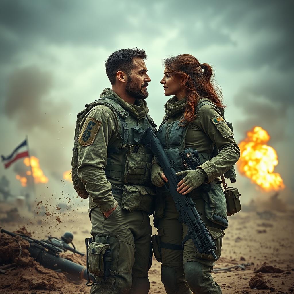 A dramatic and emotional scene depicting a man in military gear encountering a woman, also in combat attire, on a chaotic battlefield amid a fierce war between countries