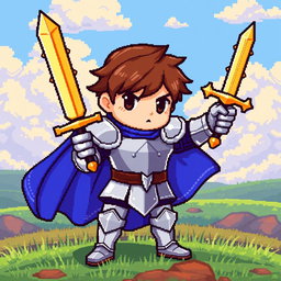 A detailed and vibrant 64 pixel character sprite in a retro 8-bit style, featuring a heroic knight with a shining silver armor, a blue cape flowing in the wind, and a golden sword held high in one hand