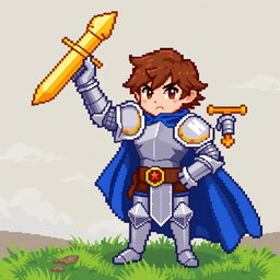 A detailed and vibrant 64 pixel character sprite in a retro 8-bit style, featuring a heroic knight with a shining silver armor, a blue cape flowing in the wind, and a golden sword held high in one hand