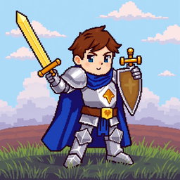 A detailed and vibrant 64 pixel character sprite in a retro 8-bit style, featuring a heroic knight with a shining silver armor, a blue cape flowing in the wind, and a golden sword held high in one hand