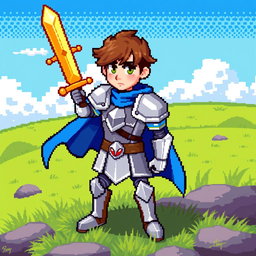 A detailed and vibrant 64 pixel character sprite in a retro 8-bit style, featuring a heroic knight with a shining silver armor, a blue cape flowing in the wind, and a golden sword held high in one hand