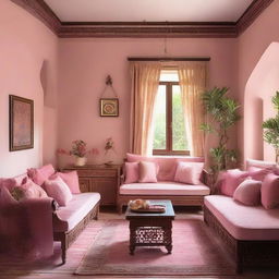 A cosy living room painted in a soft pink shade, furnished with polished wooden furniture including a traditional diwan for seating