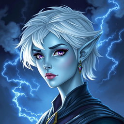 In the enchanting style of DnD character art, Maeve is portrayed as a striking figure with unique features: light blue skin, elegant elven ears, and short white hair that appears to float faintly, giving her an ethereal quality