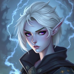 In the enchanting style of DnD character art, Maeve is portrayed as a striking figure with unique features: light blue skin, elegant elven ears, and short white hair that appears to float faintly, giving her an ethereal quality