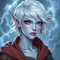 In the enchanting style of DnD character art, Maeve is portrayed as a striking figure with unique features: light blue skin, elegant elven ears, and short white hair that appears to float faintly, giving her an ethereal quality
