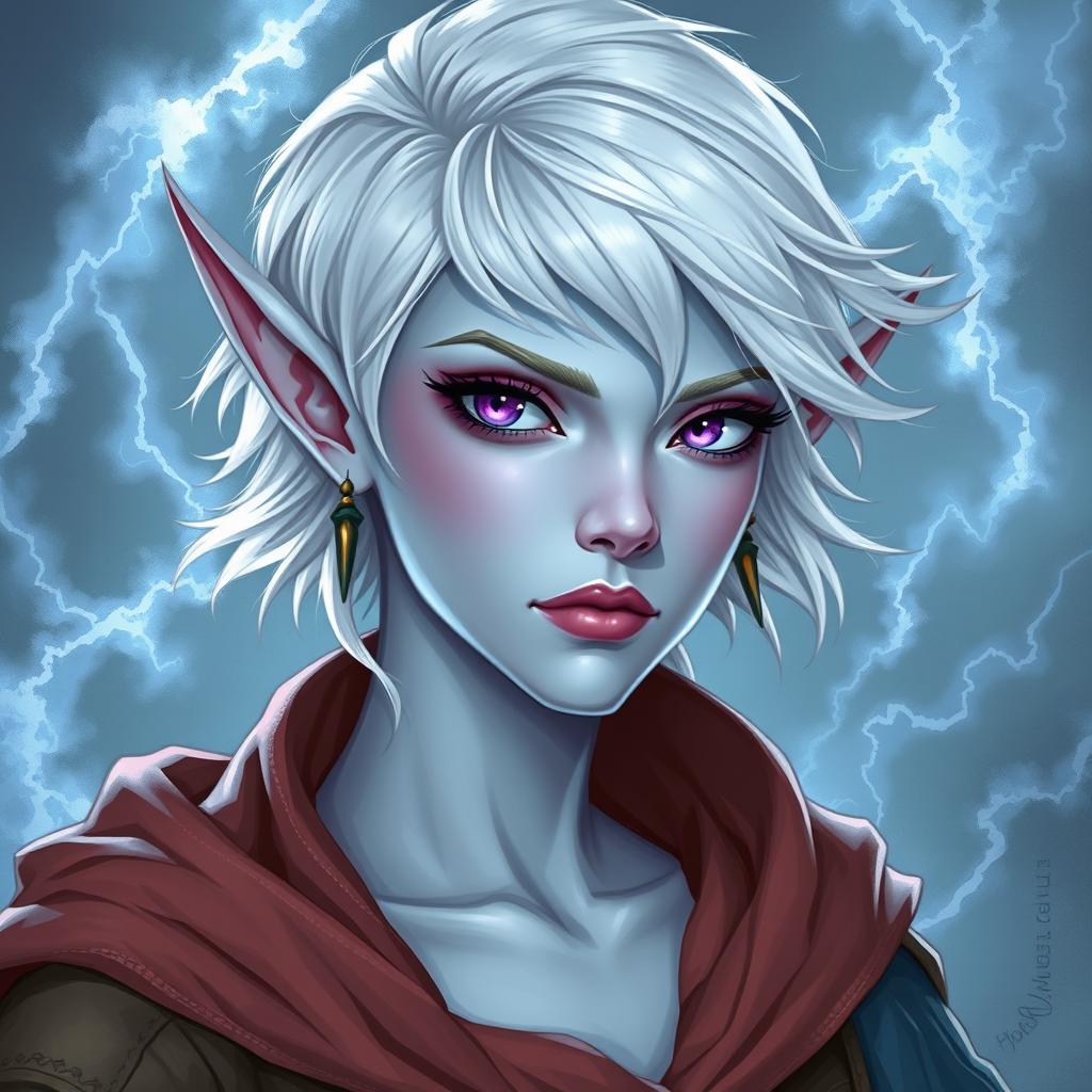 In the enchanting style of DnD character art, Maeve is portrayed as a striking figure with unique features: light blue skin, elegant elven ears, and short white hair that appears to float faintly, giving her an ethereal quality