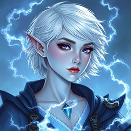 In the enchanting style of DnD character art, Maeve is portrayed as a striking figure with unique features: light blue skin, elegant elven ears, and short white hair that appears to float faintly, giving her an ethereal quality
