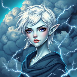 In the vibrant style of DnD character art, Maeve stands out as a striking figure with light blue skin and gracefully pointed elven ears