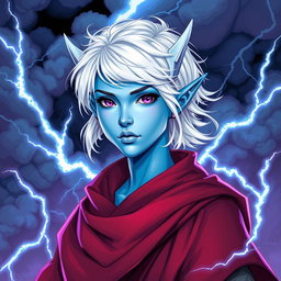 In the vibrant style of DnD character art, Maeve stands out as a striking figure with light blue skin and gracefully pointed elven ears