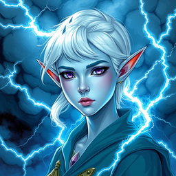 In the vibrant style of DnD character art, Maeve stands out as a striking figure with light blue skin and gracefully pointed elven ears