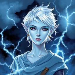 In the vibrant style of DnD character art, Maeve stands out as a striking figure with light blue skin and gracefully pointed elven ears