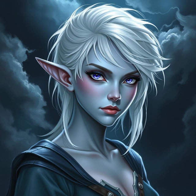 A stunning DnD character design of Maeve, a striking figure with light blue skin and elongated elven ears