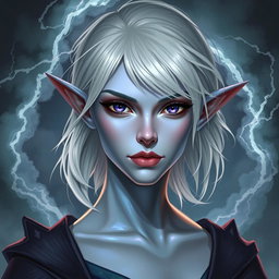 A stunning DnD character design of Maeve, a striking figure with light blue skin and elongated elven ears
